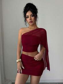 Conjunto de 2 piezas de falda mini ajustado fruncida en la cintura y top corto bandeau, de malla transparente y sexy para el verano - Burdeos - Ver 3