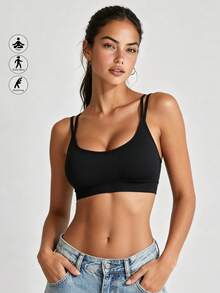 Runway Rest Brassière de sport à bretelles fines pour femmes, soutien léger, brassière de yoga plissée sans couture avec rembourrage, Top court pour le jogging, le fitness - Noir - Voir 1
