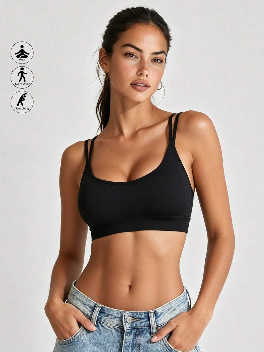 Runway Rest Brassière de sport à bretelles fines pour femmes, soutien léger, brassière de yoga plissée sans couture avec rembourrage, Top court pour le jogging, le fitness - Noir - Voir 1