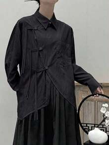 Camisa de mujer elegante y casual con cuello vuelto, manga larga suelta y asimétrica, de tela tejida de unicolor, con cierre de botones, adecuada para uso casual, oficina, diario, aeropuerto, primavera/verano, color negro - Negro - Ver 8