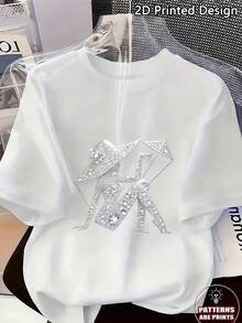 Camiseta de talla grande con estampado gráfico, manga corta, cuello redondo, top casual para verano y primavera, ropa de talla grande para mujer, camiseta de algodón cómoda, versátil y casual. - Blanco - Ver 8