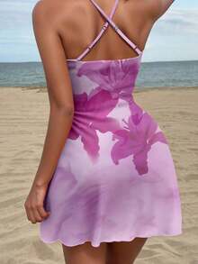 Vestido mini con cuello drapeado con estampado floral de hibisco naranja y amarillo en estilo retro vacacional elegante para mujer - Salidas, playa, bodas, cumpleaños, fiestas, chic, festival occidental, chica de isla vintage, vacaciones en la , - Multicolor 7 - Ver 5
