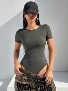 Mono de mujer de verano de manga corta, unicolor, con espalda descubierta y envolvente, camiseta informal tipo body Y2K para mujer - Verde militar - Ver 3