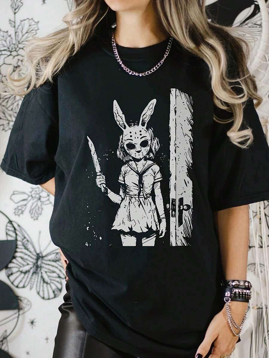 Camiseta de Mujer con Estampado Gráfico del Conejo Horror - Arte Gótico Anime, Cuello Redondo Casual, Lavable a Máquina para Todas las Temporadas, Moda Alternativa Top, Atuendo casual, Diseño Audaz, Material Transpirable, Camisa Llamativa, Para Amantes Del Streetwear - Negro - Ver 1