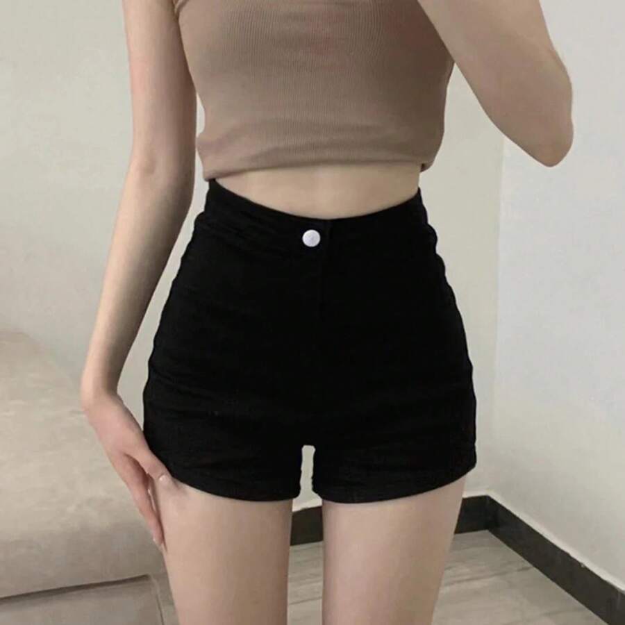 Pantalones ajustados informales negros para mujer, mallas adelgazantes ultracortas de cintura alta, pantalones cortos sexis de verano pequeños - Negro - Ver 1