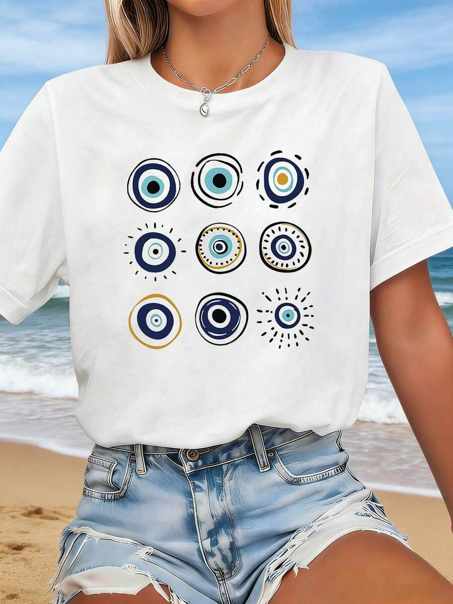 Playeras de mujer talla grande, camiseta de mujer talla grande con estampado gráfico de ojos azules turcos, top casual de manga corta con cuello redondo para verano y primavera, ropa de mujer, blusas casuales para dama. - Blanco - Ver 1