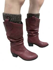 DENGWEISI Red Ruched Slip-On Chunky Heel Round Toe Western Comfortable Versatile Commute Daily Holiday European And American Fashion Mid-Calf Boots For Women, Autumn/Spring - Red - View 7