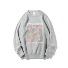 Nueva sudadera STAY SWEET con estampado de fresas, cuello redondo, estilo casual y holgado para otoño/invierno para mujer. - Negro - Ver 4