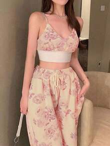 Petite Conjunto de 2 piezas: Top corto tipo camiseta con estampado y pantalones de cintura alta con pernera ancha - Rosa - Ver 3