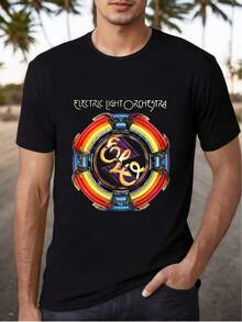 Electric Light Orchestra O Rock Design T-Shirt - Unisex Black Short Sleeve Rainbow Circle Design T-Shirt, Casual Music Style T-Shirt For Men And Women, 334083, Vintage Music Themed T-Shirt, Knit Fabric, Band Style T-Shirt. - 黑色 - 查看 6