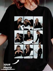 Camiseta de manga corta de ajuste holgado con collage de fotos personalizado, adecuada para uso diario, primavera/verano, negro, para familia, regalo del Día de la Madre - Negro - Ver 7