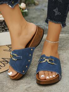 Vintage Distressed Faux Wood Grain Blue Platform Sandals, Rivet Decor Chunky Heel Slip-On Matte Finish Women Slides - Blue Frosted - View 4