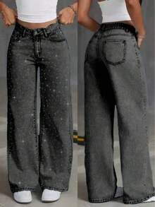 Jeans de pierna ancha con adornos de strass con estampado de estrellas, casuales para primavera - Negro - Ver 1