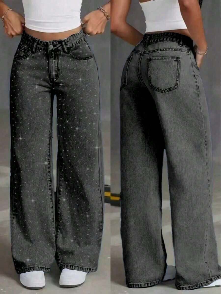 Jeans de pierna ancha con adornos de strass con estampado de estrellas, casuales para primavera - Negro - Ver 1