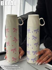 1个500毫升（16.9盎司）不锈钢双层保温杯，大蝴蝶结设计，平底杯身，带双盖和提手，适合户外、办公室、家庭、学校、汽车、健身房、旅行、生日、节日、母亲节、父亲节、返校、情人节等场合的礼物 - 彩色 - 查看 2