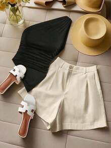 Blusa de verano casual y de vacaciones para mujer, minimalista, de unicolor, con pliegues, ajustada, con bajo asimétrico, top de un hombro, top de un hombro XXS para mujer, negro fruncido, body suit tops, tops, top de un hombro negro - Negro - Ver 3