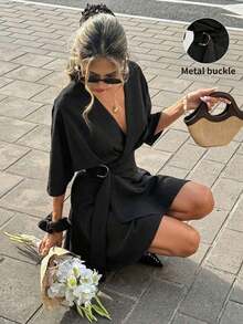 Vestido mini envolvente de unicolor con cuello en V para mujer - Negro - Ver 12