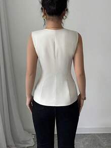 Blusa elegante de mujer con cuello cuadrado sin mangas, decoración con bolsillo falso, camisa ajustada de oficina, primavera/verano - Albaricoque - Ver 2