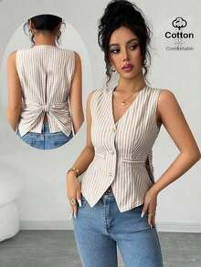 Camiseta de tirantes de mujer de algodón a rayas con lazo y escote en V sin espalda.Ajustada y que realza la figura, muestra por completo el encanto femenino.Adecuada para otoño e invierno, es una opción ideal para citas, vacaciones, ir al - Caqui - Ver 5