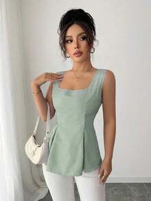 Camisa sin mangas con cuello cuadrado, cintura con lazo y rayas para el verano 2025 - Verde - Ver 6