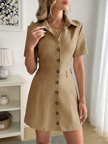 Vestido camisero de mujer de manga corta con rayas - Caqui - Ver 4