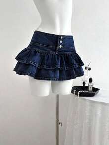 Falda de mezclilla de moda para mujer con diseño de cintura con botones y dobladillo con doble volante - Azul lavado oscuro - Ver 8