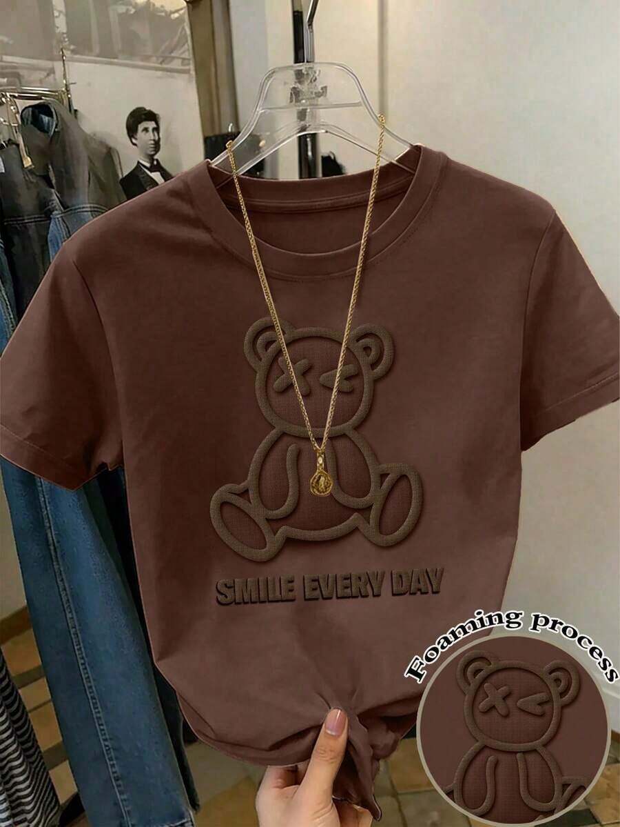 Camiseta de mujer de manga corta con cuello redondo y estampado de dibujos animados lindos, uso versátil para el verano - Café integral - Ver 1