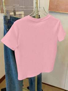 Camiseta de cuello redondo casual de mujer con estampado de oso y letras en relieve, para verano - Rosa Pálido - Ver 2