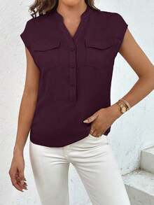 Camisa casual de mujer de manga corta con bolsillo, cuello en V con muesca y unicolor para uso laboral - Rojo violeta - Ver 6