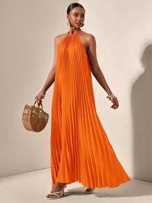 Vestido holgado de verano y primavera casual de vacaciones de cuello halter sin mangas con pliegues y bajo en A, color verde oscuro - vestido para mujer - Naranja - Ver 7