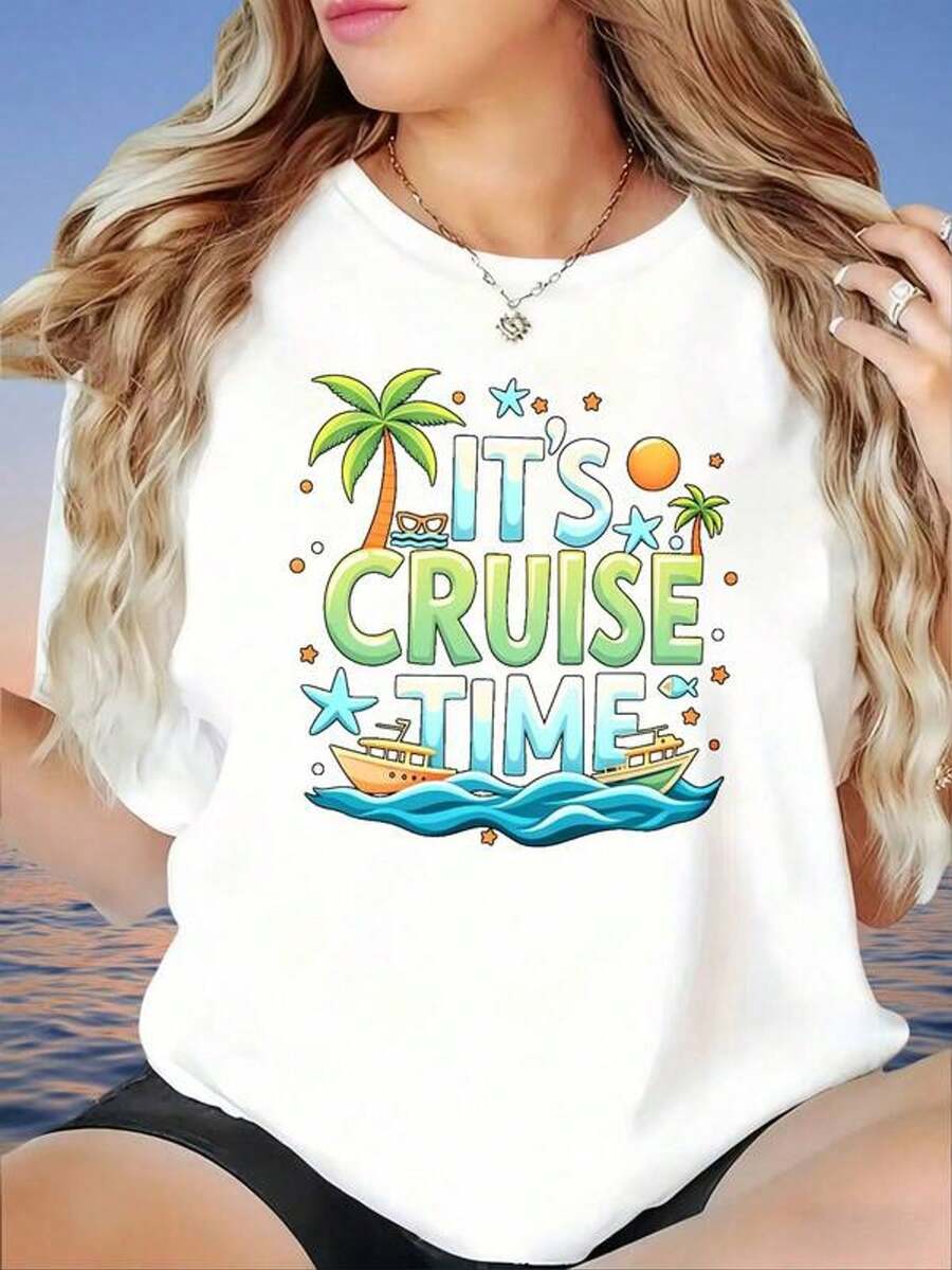 Camiseta con estampado de barco de crucero, palmeras tropicales y la frase "Es hora de un crucero". Perfectara vacaciones, playa y atuendos de verano, camisetas de mujer, uso en celebraciones festivas, camiseta gr£fica festiva, moda festivara amantes