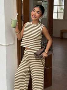 Set de 2 piezas de top de tirantes casual de cuello redondo a rayas y pantalones para mujer - Caqui - Ver 5