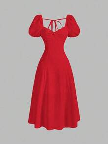 MOD Vestido de verano elegante de mujer de unicolor con mangas abullonadas y cintura ceñida - Rojo - Ver 6