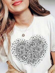 Camiseta con estampado floral en forma de corazón, camiseta del Día de San Valentín con patrón de mandala y venas en forma de corazón, camiseta de amor, regalo para San Valentín, atuendo de San Valentín, para niños pequeños y jóvenes, camiseta de aodón 100% de 220 g, con estampado de maosa, adecu para niñas y mujeres, de manga corta y cuello redondo, camiseta inspiradora, estilo estético lindo y de Y2K, adecu para uso al e , familiar, labor casual diario suelto. - Blanco - Ver 2