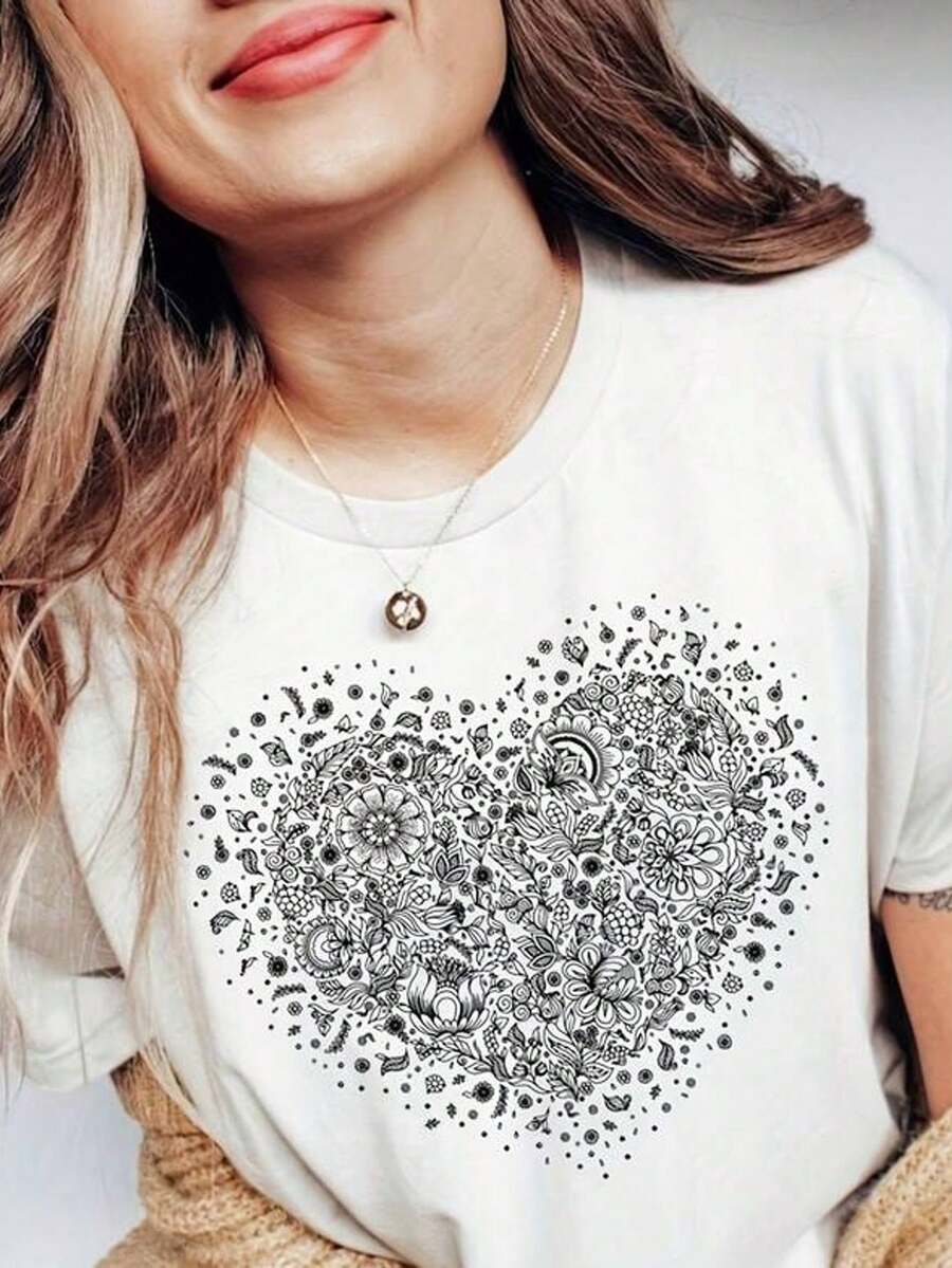Camiseta con estampado floral en forma de corazón, camiseta del Día de San Valentín con patrón de mandala y venas en forma de corazón, camiseta de amor, regalo para San Valentín, atuendo de San Valentín, para niños pequeños y jóvenes, camiseta de aodón 100% de 220 g, con estampado de maosa, adecu para niñas y mujeres, de manga corta y cuello redondo, camiseta inspiradora, estilo estético lindo y de Y2K, adecu para uso al e , familiar, labor casual diario suelto.
