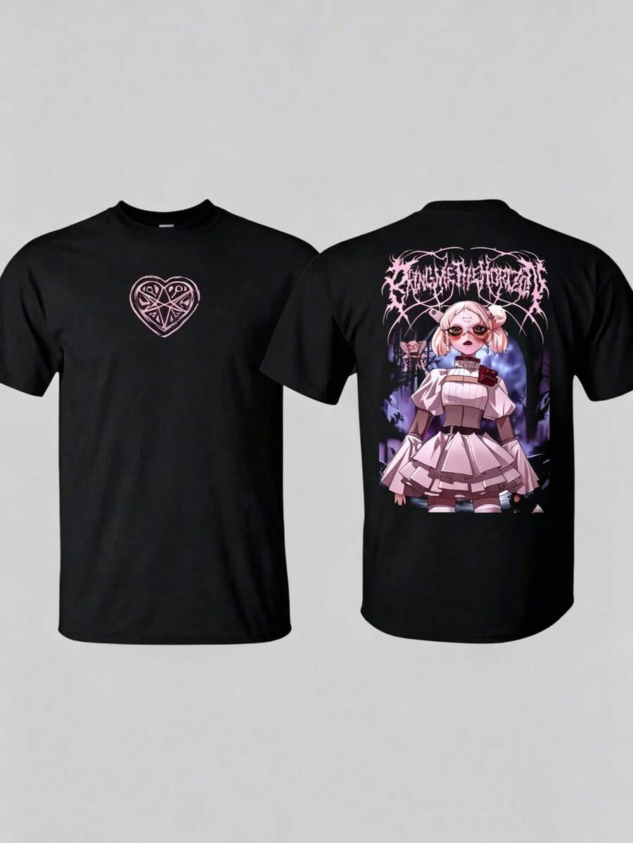 Camiseta Unisex Algodón 100% -Estampado Doble Cara: Corazón Pentagrama + Muñeca Gótica Estilo Metal Extremo Tallas S-3XL - Negro - Ver 1