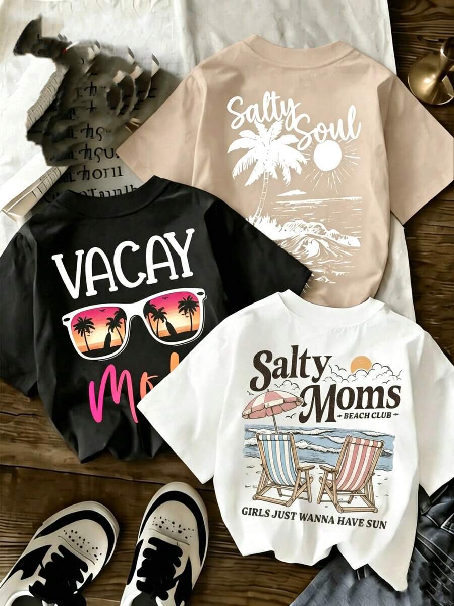 Conjunto de camisetas gráficas Prenda individual, no un conjunto de 3 piezas, 1 piezas/set de camisetas de manga suitable for streetwear, Top oversized cuello redondo daily outings, camping, concerts, hip-hop, rock, and rap events con estética de "abuela costera", estampados de Aloha y marismas, de corte holgado y cómodo, estilo retro Y2K, camisetas informales y holgadas con estética fresca de chica, prendas con vibra de vacaciones tropicales para el verano - Blanco - Ver 1