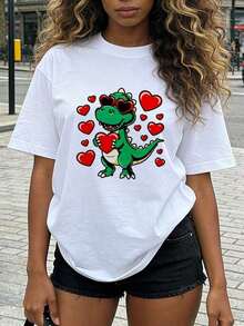Women's Warm Clothing. Women's Summer Clothes, Soft And Casual Cotton T-Shirt With Round Neck, Cartoon Green Dinosaur Print With Heart-Shaped Sunglasses. White. - 白色 - 查看 3