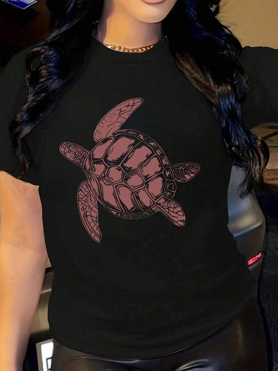 Women's Casual Short Sleeve T-Shirt With Turtle Graphic Print - Loose Fit, Crew Neck, Breathable And Machine Washable Summer T-Shirt For Casual Outfits And Beach Outings, Sea Turtle Summer T-Shirt - 黑色 - 查看 1