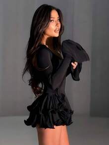 Women's International Autumn Long Sleeve Bell Sleeve Dress With Simple Buttons, Fitted With Ruffles, Elegant - 黑色 - 查看 3