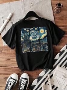 Limited Edition Women's Fashion T-Shirt With Van Gogh's Starry Night And Cityscape Design - Short Sleeve Crew Neck, Casual, Breathable And Stretchy Fabric, Machine Washable, Suitable For Spring, Summer, Autumn, Artistic Casual Wear, Blank Holiday Design. New Loose And Versatile Top. Lightweight Cotton - 黑色 - 查看 1