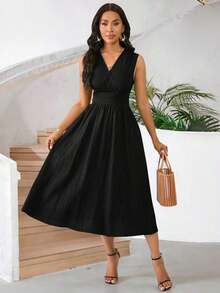 Vestido veraniego sin mangas de mediana longitud para mujer, de tela tejida con textura en color verde - Negro - Ver 6