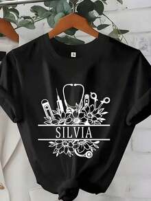 1 pieza de camiseta casual para el Día de San Valentín con herramientas médicas personalizables y diseño floral con nombre (pieza única, material: 100% algodón) 180g 100% algodón, los diseños están impresos. Unisexo. - Negro - Ver 11