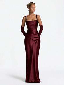 Red Satin Square Neck Maxi Dress, Ruched Bodycon Formal Evening Gown With Gloves - Burgundy - View 9