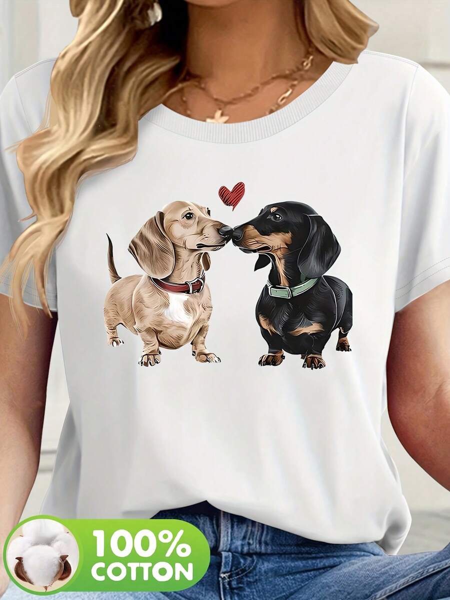 Camiseta Casual de Manga Corta para Mujer con Estampado de Dachshund Lindo - Cuello Redondo , Top de Verano Lavable a Máquina y Transpirable, Camisetas Relajadas, Diseño Divertido - Negro - Ver 1
