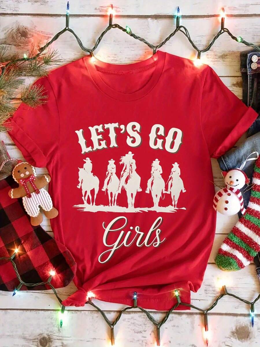 1psc2513 Camiseta Estampada de Cuello Redondo, Manga Corta, Casual, 100% Algodónropa de calor mujer - Rojo - Ver 1
