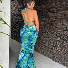 Sexy Watercolor Floral Print Dress With Backless Cutout Detail, Suitable For Dates, Gatherings, Birthday Parties, Holidays, Beach Vacations, Spring/Summer,Summer Dresses For Women - Marrón - Ver 7