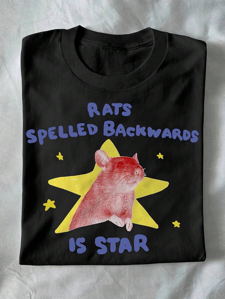 Camiseta unisex con diseño de ratón y la frase "rats spelled backwards is star", camiseta divertida con temática de animales, regalo con temática de ratones, camiseta peculiar, camiseta alternativa, camiseta que resuena, nueva colección primavera/verano 2026, adecuada para uso diario al aire libre - Tejido ligero y suave. - Negro - Ver 1