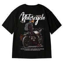 Casual T-Shirt Size 8XL, Student Teen T-Shirt, Vintage American Style With Motorcycle Print, Plus Size Loose Fit T-Shirt - 黑色 - 查看 8