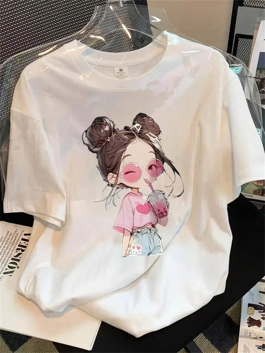 Playera gráfica casual juvenil para mujer, de corte holgado, con estampado de anime y K-Pop kawaii - Diseño lindo de cultura pop coreana con personajes chibi, cuello redondo, manga corta, para atuendos casuales, regalo de cumpleaños y Día de la Madre, lavable a máquina, para todas las estaciones - Inspirada en K-Drama. - Blanco - Ver 1